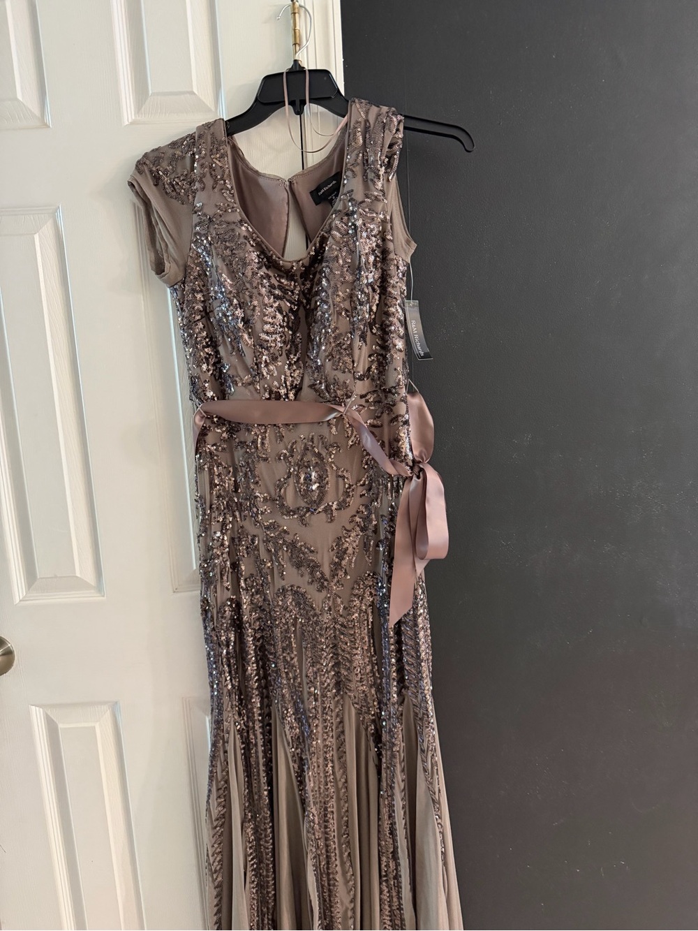 R & M Richards Taupe Sequin Embellished Maxi Dress with Sash